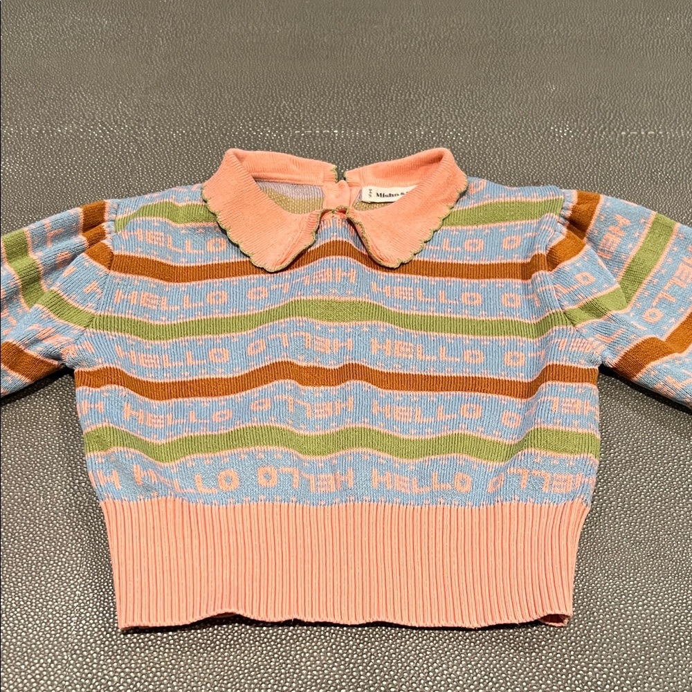 Misha And Puff Pastel Pink & Blue 'HELLO' Collared Knit Sweater
